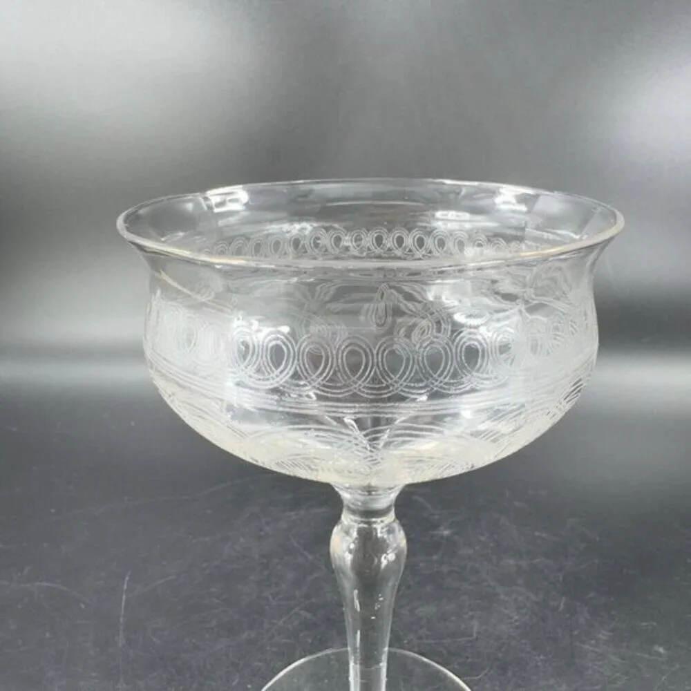Antique French Glasses Needle Etched Green UV‎ Manganese 365nm Set 2 Drink Cups